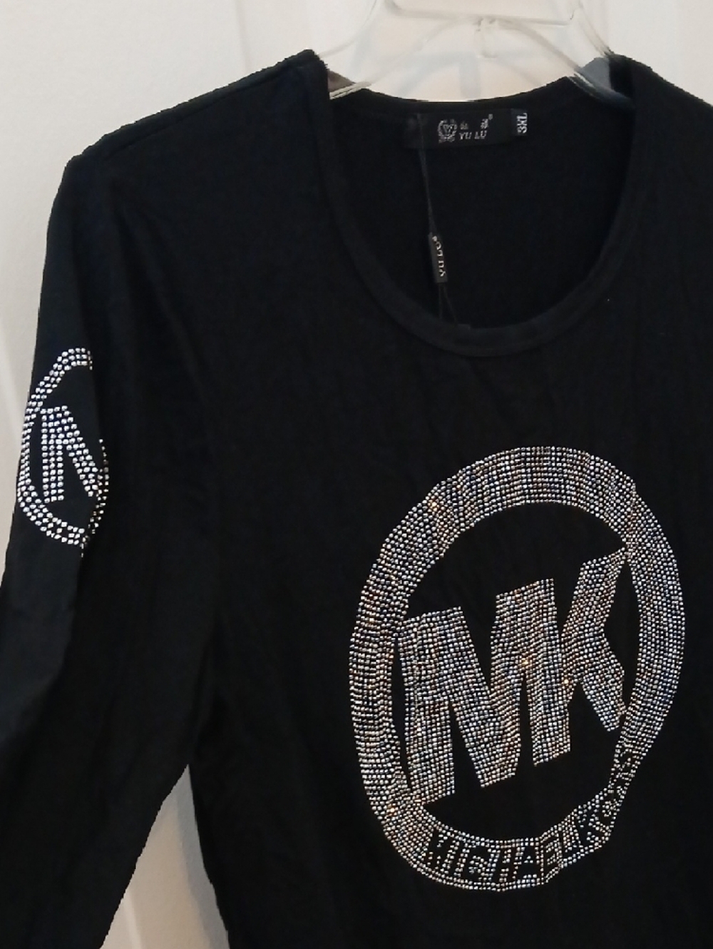 Michael Kors Black Long Sleeve Top with Silver Rhinestone MK Logo - Picture 3 of 3
